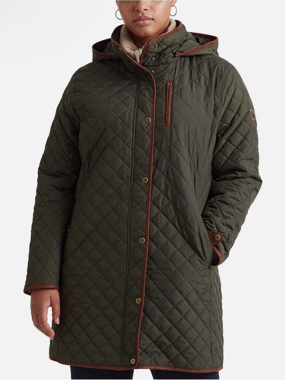Lauren Ralph Lauren Olive Quilted Hooded Coat with Brown Trim 3x